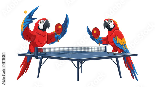 Parrot's Ping Pong Game: Two vibrant parrots engage in a spirited table tennis match, showcasing a unique and whimsical blend of avian elegance and athletic competition.