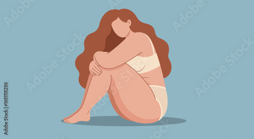 A woman with long wavy auburn hair sits curled up on a blue background wearing a white bra and underwear