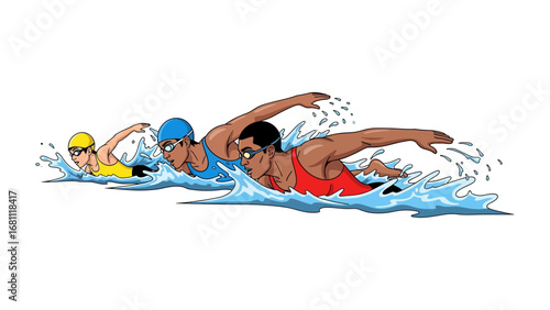 Aquatic Athletes' Endurance: Three competitive swimmers glide effortlessly through the water, their determined expressions reflecting dedication, speed.