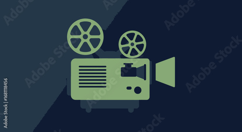 Retro film projector with two reels and lens against a dark blue gradient background