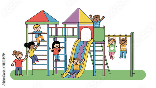 Kids Play on Playground : Cheerful children in vibrant clothing enjoy playing on a colorful playground on a sunny day, exemplifying the joy of childhood in a picturesque setting.