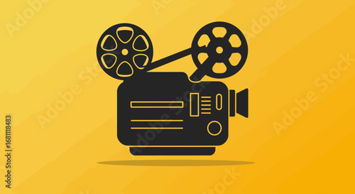 Retro film projector with two reels casting a shadow against a vibrant yellow background