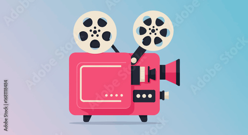 Retro pink movie projector with film reels on a gradient blue and purple background