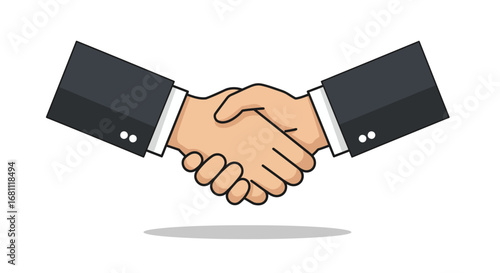 Two business professionals in dark suits shaking hands in agreement and partnership illustration