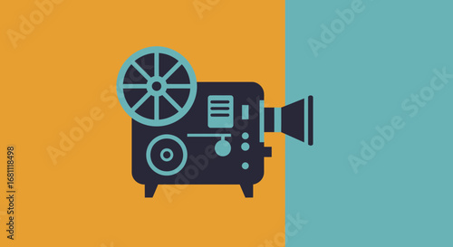 Retro film projector icon with reel and lens on a split orange and teal background