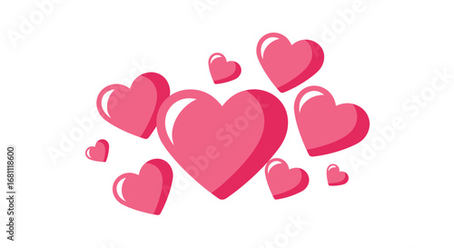 A vibrant cluster of glossy pink hearts of various sizes floating together on a white background