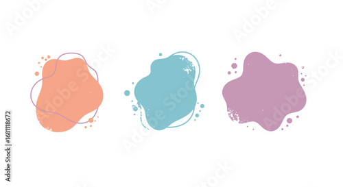 Three abstract organic shapes in pastel peach blue and purple with subtle line art details