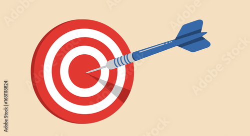 Blue dart perfectly hitting the bullseye on a classic red and white circular target board