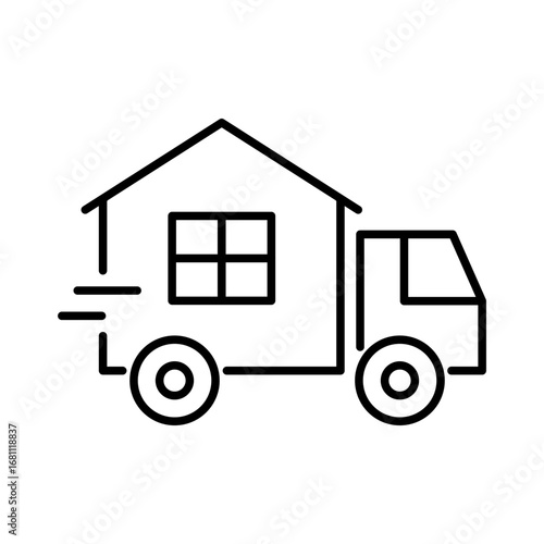 Tiny house on wheels and home moving truck line icon. Mobile homes, travel lifestyle, freedom on the road. Moving services, logistics, transport, and portable housing solutions. Vector illustration