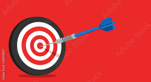 Blue dart hitting the bullseye on a target board with a red background representing success and accuracy