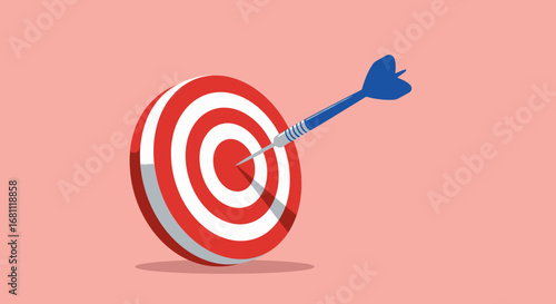 Blue dart hitting the bullseye center of a red and white striped target on a pink background