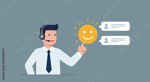 Customer service representative wearing a headset points to a happy face emoji in a chat bubble representing positive feedback