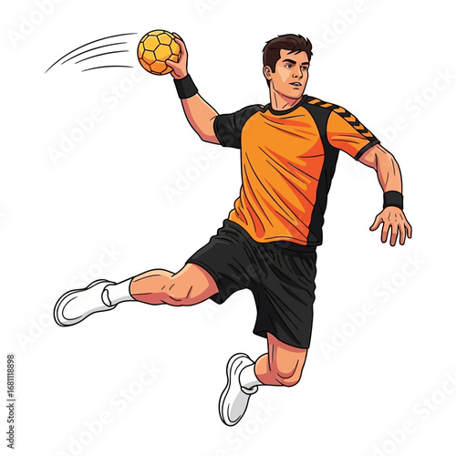 Handball Player in Action: Dynamic illustration of a handball player mid-throw, capturing the energy, precision, and athleticism of the sport, perfect for conveying movement and competition.