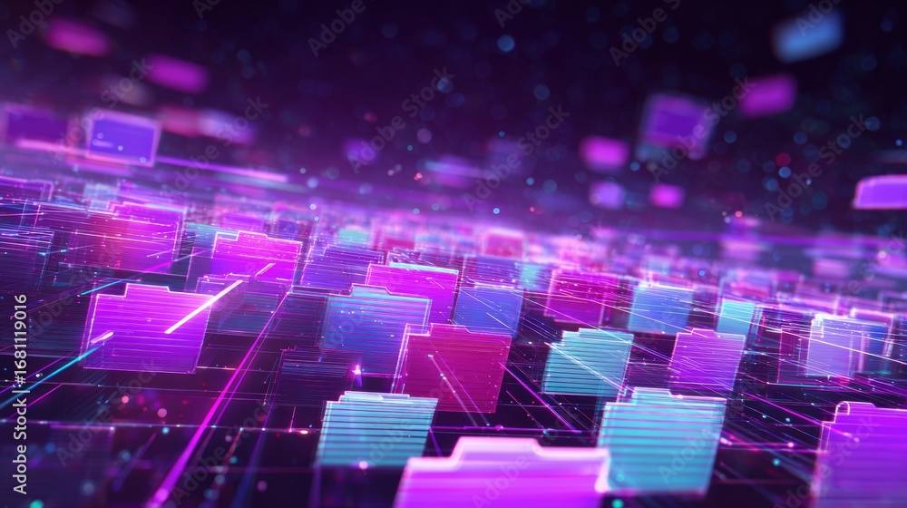 Obraz premium Abstract network grid with files and folders, futuristic software interface, digital document management system, store, search and organize documents, corporate business, paperless office 