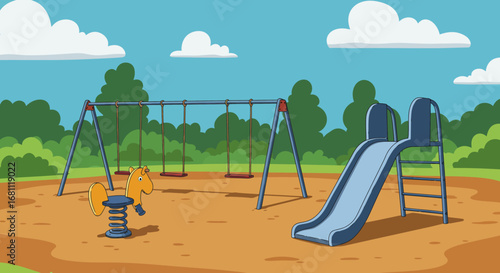 Vibrant cartoon illustration of a sunny park playground with swings a slide and a spring rider under a blue sky with clouds