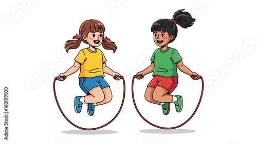 Jump Rope Companions: Two young girls in vibrant clothing joyfully skip rope together in an energetic and lively illustration. The image captures the essence of childhood fun, friendship.