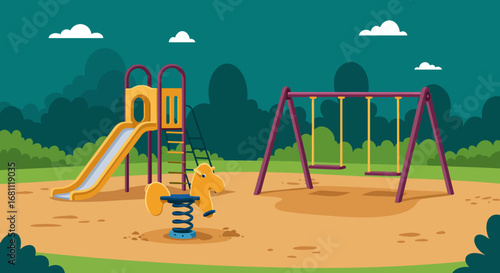 Vibrant cartoon playground with a slide swings and climbing structure under a twilight sky