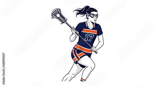Lacrosse Player in Action: A determined lacrosse player, clad in sporty attire, expertly cradles her stick, poised to strike and demonstrating the essence of athleticism and focus.
