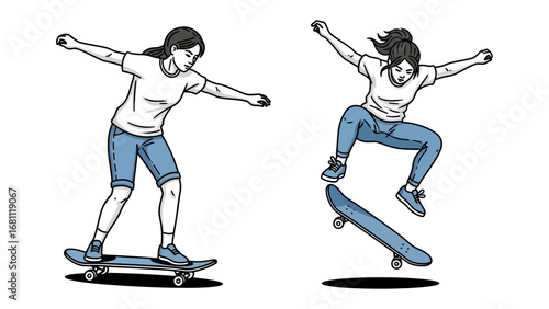 Skateboarding in Motion: Two dynamic illustrations showcase the grace and athleticism of a skateboarder in action. From balanced riding to mid-air maneuvers.