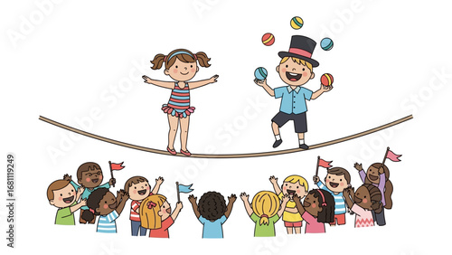 Children's Circus: A delightful scene unfolds as children perform acts of a circus, showcasing the joy of juggling, tightrope walking, and pure fun! 
