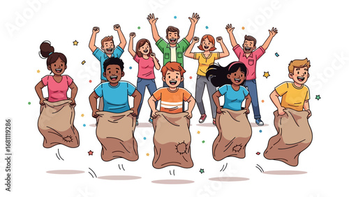 Fun Sack Race: A dynamic illustration captures the sheer joy and energy of a vibrant sack race, showcasing a diverse group of individuals. They're engaged in a lively competition.
