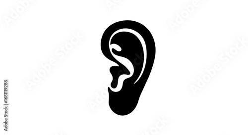 Stylized black silhouette of a human ear against a clean white background