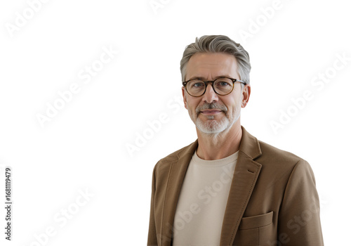 Portrait of a confident mature businessman with gray hair and glasses smiling, isolated on a transparent background with copy space