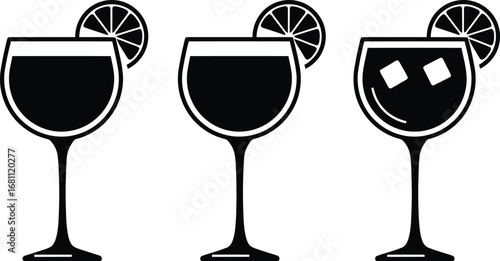 Three cocktail glasses with orange slices in black and white simple vector graphic illustration design