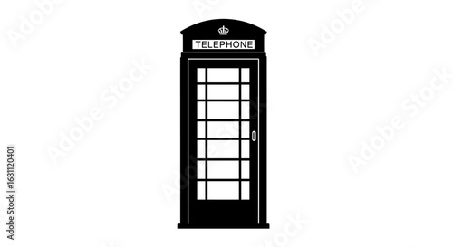 Classic black silhouette of a traditional british red telephone box on a white background