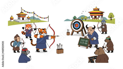Archery Competition: A group of cartoon animals, clad in traditional attire, compete in an archery contest in a whimsical setting with cultural elements.