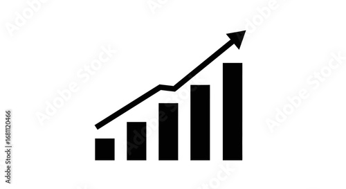 Black and white graphic representing upward trend with increasing bar chart and arrow