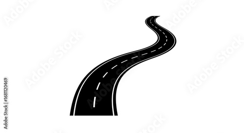 Stylized black and white illustration of a winding asphalt road with white dashed lines curving upwards