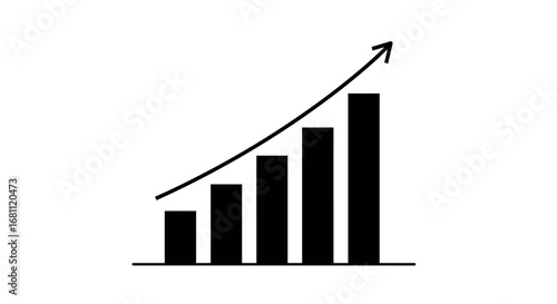 Simple black and white hand drawn bar graph with an upward trending arrow indicating growth and progress
