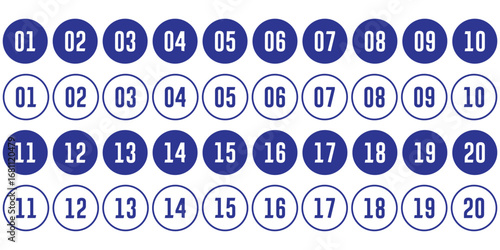 Bullet Points icon set in line style, Simple round numbers in flat style and line style. Set of 1-20 numbers  for apps and website, vector illustration.