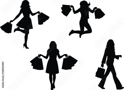 Silhouette, people, shopping, bags, jumping, walking, standing, excitement, retail, consumer, black, icon, isolated, motion, buyer, purchase, behavior, pose, market, symbol