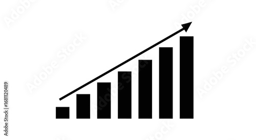 Simple black and white bar graph illustration showing upward trend and growth with a diagonal arrow