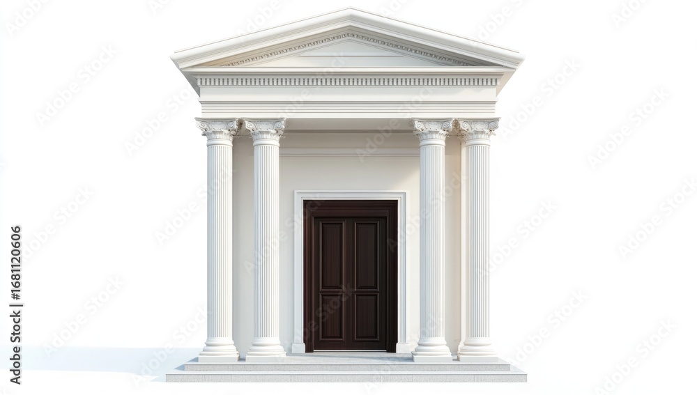 Fototapeta premium 3D rendering of classical columns with a dark brown door in the middle on a white background