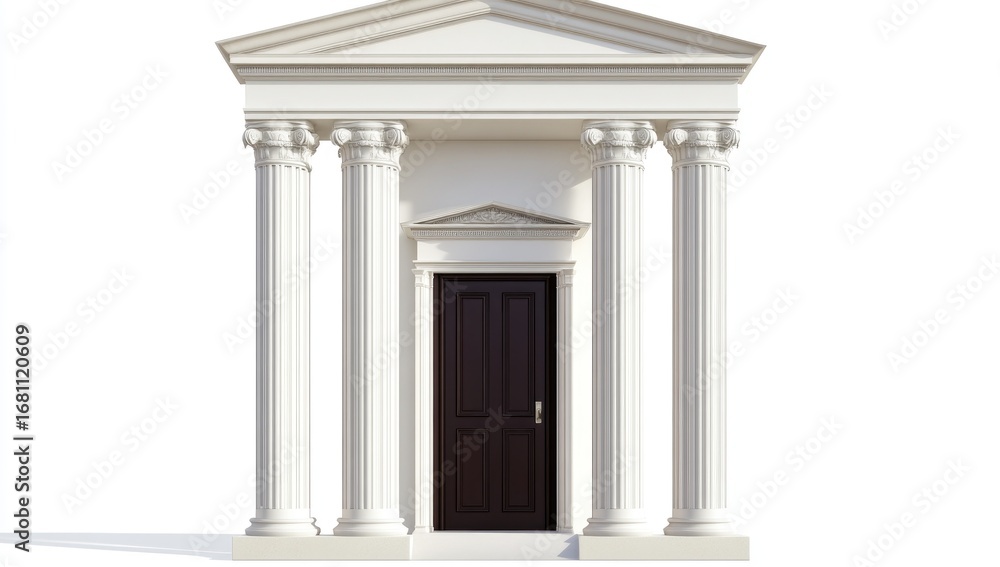 Obraz premium 3D rendering of classical columns with a dark brown door in the middle on a white background
