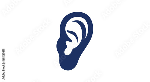 Simple dark blue silhouette of a human ear on a clean white background