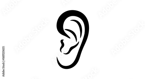 Stylized black outline drawing of a human ear against a clean white background representing hearing and listening