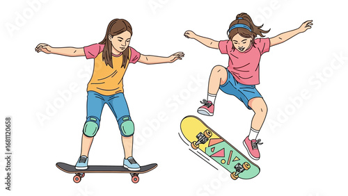 Skateboard Girls in Action: Two young girls showcase their skateboarding skills, one gliding effortlessly, the other executing a daring leap.