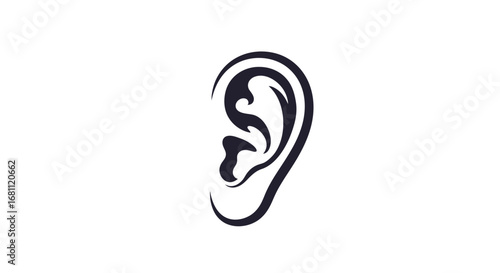 Stylized black silhouette of a human ear with intricate curves against a clean white background