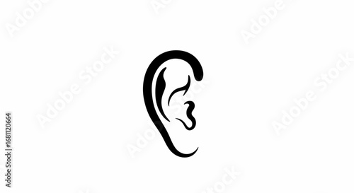 Stylized black outline of a human ear against a clean white background representing hearing and listening