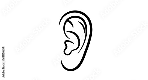 Simple black line art drawing of a human ear on a clean white background representing hearing and listening