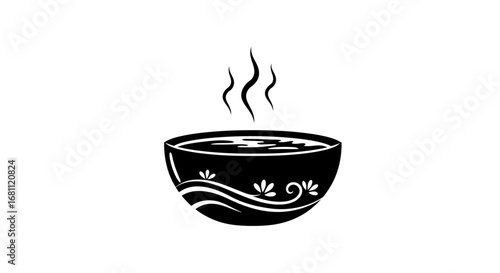 A simple black and white illustration of a steaming cup of coffee or tea with decorative patterns on the mug
