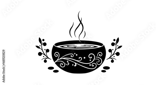 Stylized black and white illustration of a steaming cup of coffee or tea with decorative floral elements