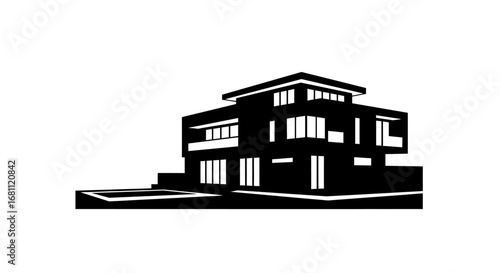 Modern black and white silhouette of a multi story contemporary house with large windows