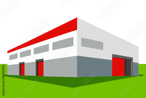 Modern warehouse building with red doors and green lawn