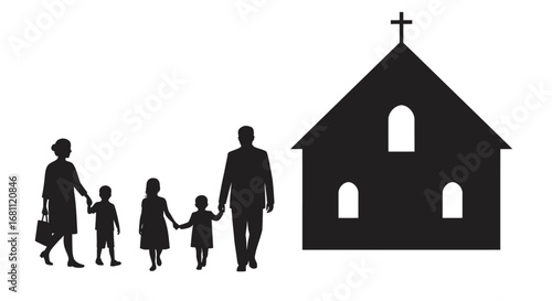 Family of four silhouetted walking towards a church building with a cross on the roof