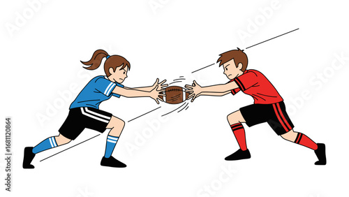 Football Face-Off: Two athletes, locked in a struggle over the coveted football, embody the spirit of determination and the thrill of competitive sports in a dynamic illustration.